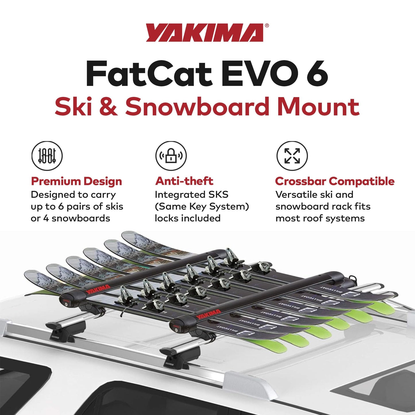 Yakima FatCat EVO 6 Ski & Snowboard Roof Rack Mount for 6 Pairs of Skis or 4 Snowboards, Black - Aerodynamic Car Rooftop Carrier, Universal Mounting, Lockable with Lift Clearance