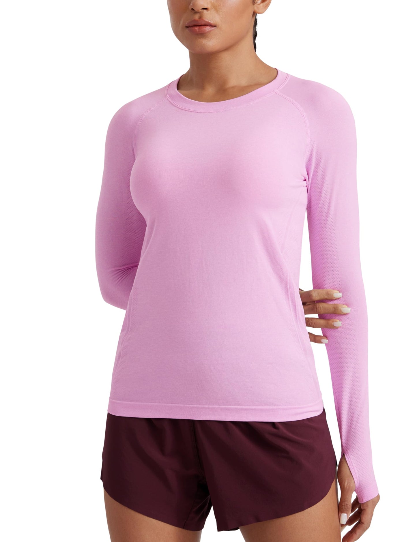 CRZ YOGA Seamless Long Sleeve Shirts for Women Hip Length - Workout Athletic Running Gym Yoga Tops Breathable Crewneck Tshirt Heather Pink Medium
