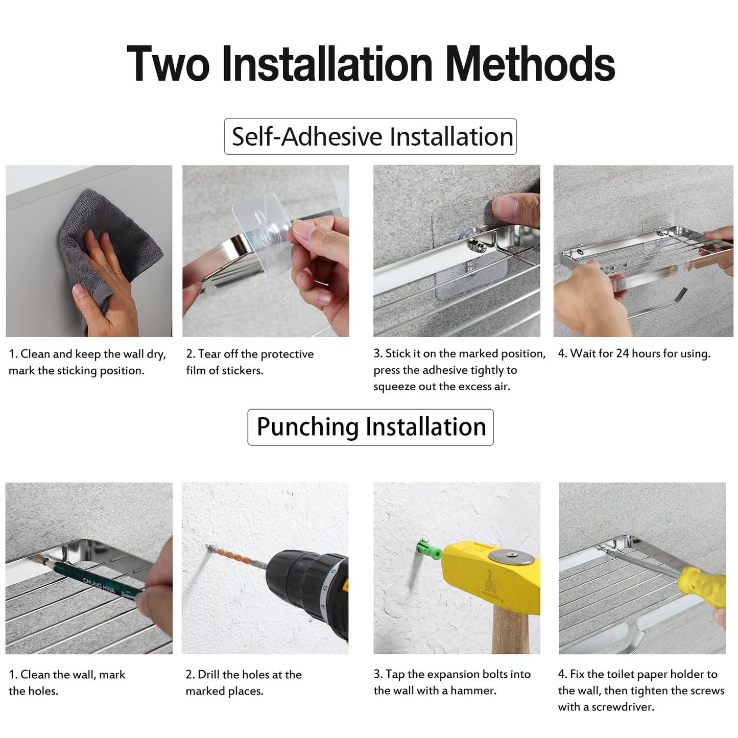 Toilet Paper Holder with Wipes Holder, Self Adhesive Toilet Rolls Holder Without Drilling, Rustproof Stainless Steel
