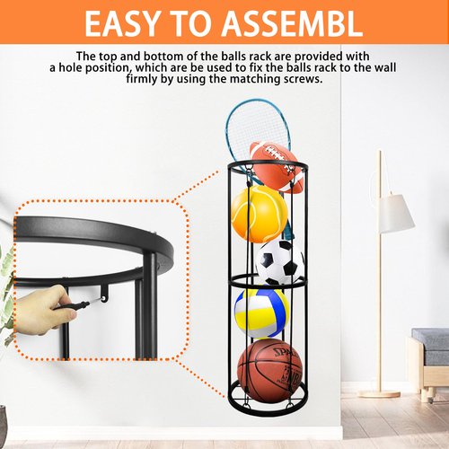 BEWITU Garage Ball Storage Rack, Wall-Mounted Basketball Holder, Vertical Ball Rack for Soccer Volleyball Football Basketball, Space-Saving Sports Ball Storage Organizer for Garage & Home