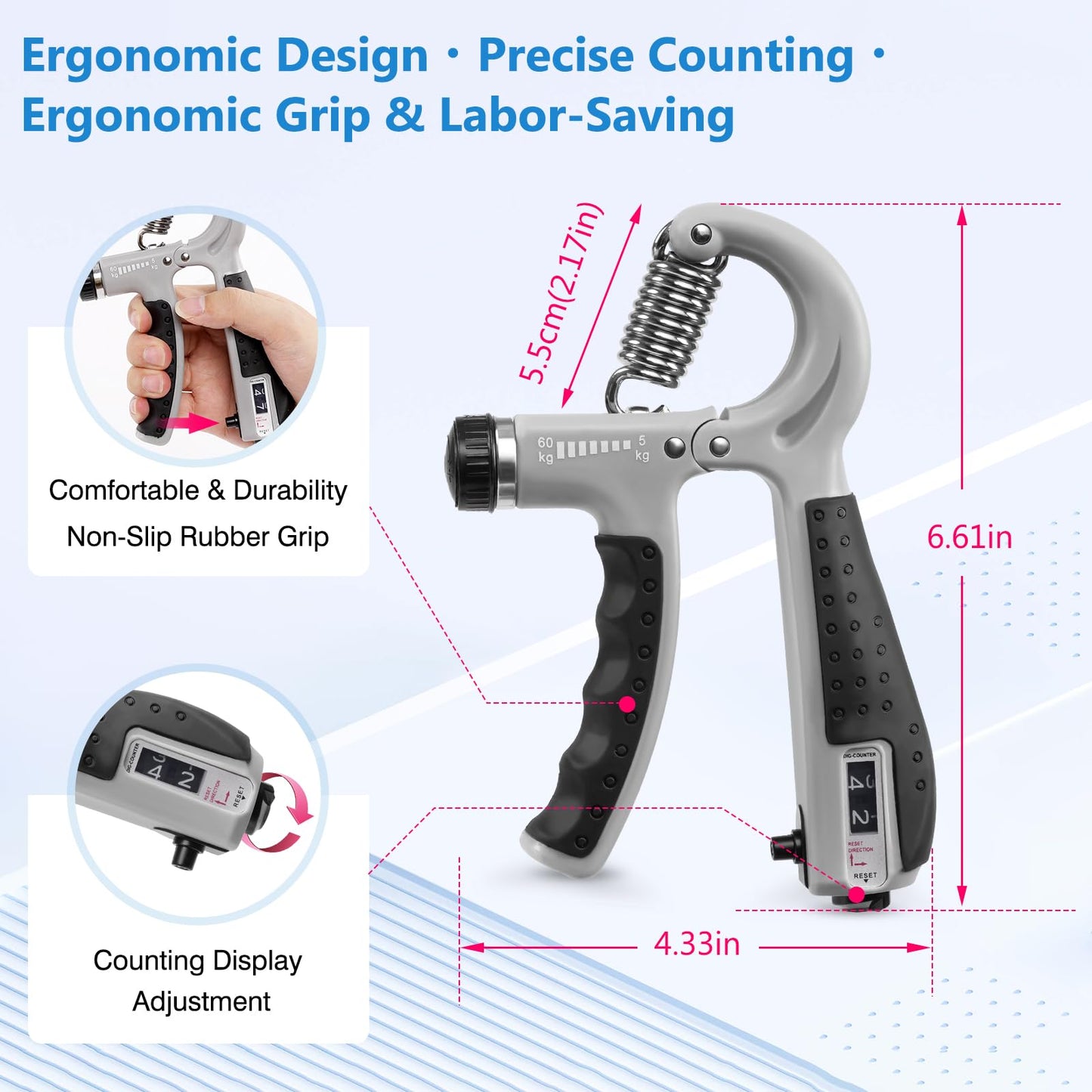 CYFIE Hand Grip Strengthener with Counter, 10-132 lbs Adjustable Resistance, Grip Strength Trainer Kit with Finger Exerciser & Storage Bag - Forearm Strengthener for Muscle Building, Injury Recovery & Athletes