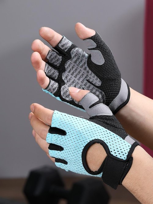 Weightlifting Gloves Half Finger & Back of Hand Cutout, Denser Sponge, Non-Slip Palm, and Sweat-Wiping Towel Panel, Light Blue Size M