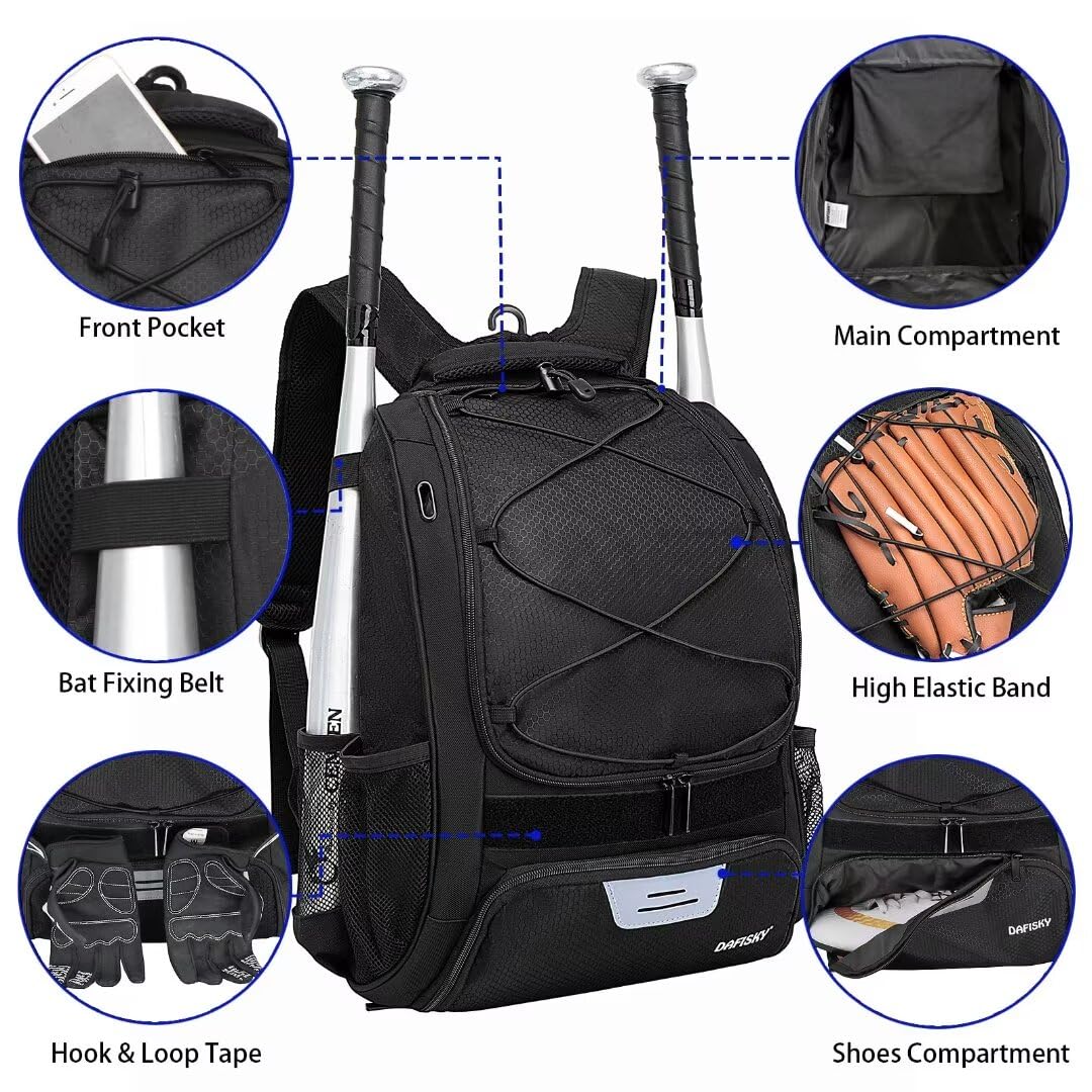 DAFISKY Baseball Bag Softball Backpack - Youth Adult T Ball Bat Equipment Bag with Bat Helmet Holders, Shoe Compartment