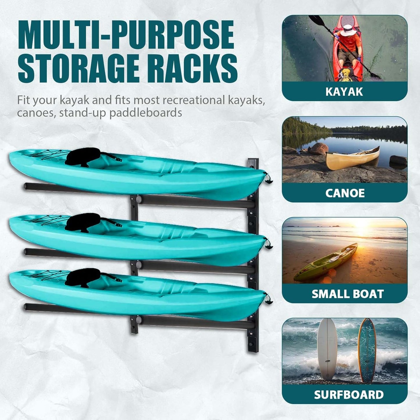 Kayak Storage Rack, Adjustable Wall Mount Kayak Racks for Garage and Outdoor Storage, Heavy Duty Weight Capacity, 2 Level / 3 Level / 4 Level