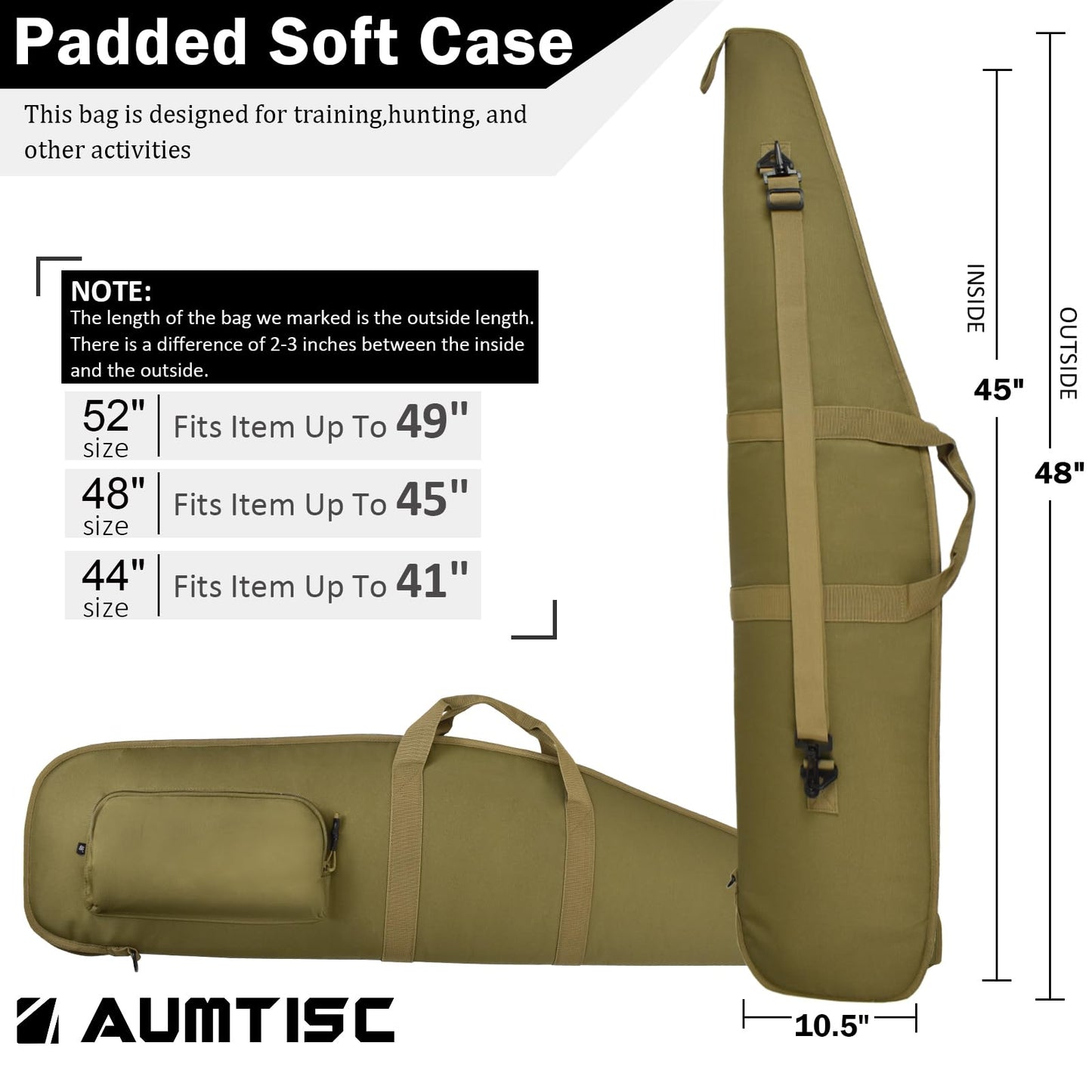 AUMTISC Soft Rifle Case 41/45/49 Padded Shotgun Gun Bag for Storage Scoped Rifles with Zippered Pocket, Detachable Shoulder Sling (Khaki-48-Fits Item Up To 45")