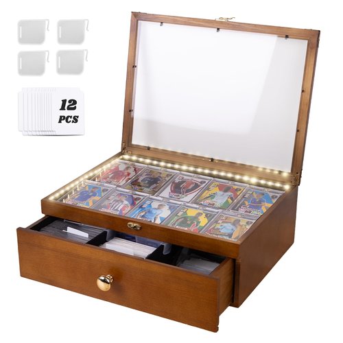Card Display Case with Battery-Powered LED Strip, Graded Card Display, Sports Card Case, Holds 70+ Graded Cards, Wood Storage Box with Drawer, Dividers, Fits Toploader & Slabs