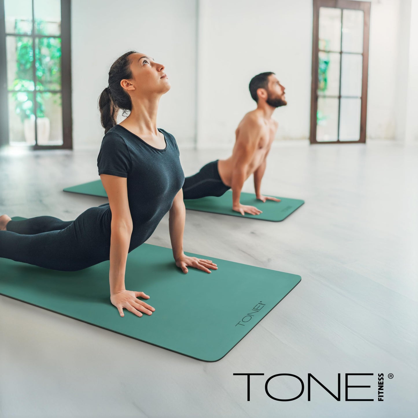 TONE Fitness Yoga Mat 1/4" Thick Non Slip Exercise & Pilates Mat for Home Workouts with Carrying Strap | V Pattern | Black/Teal