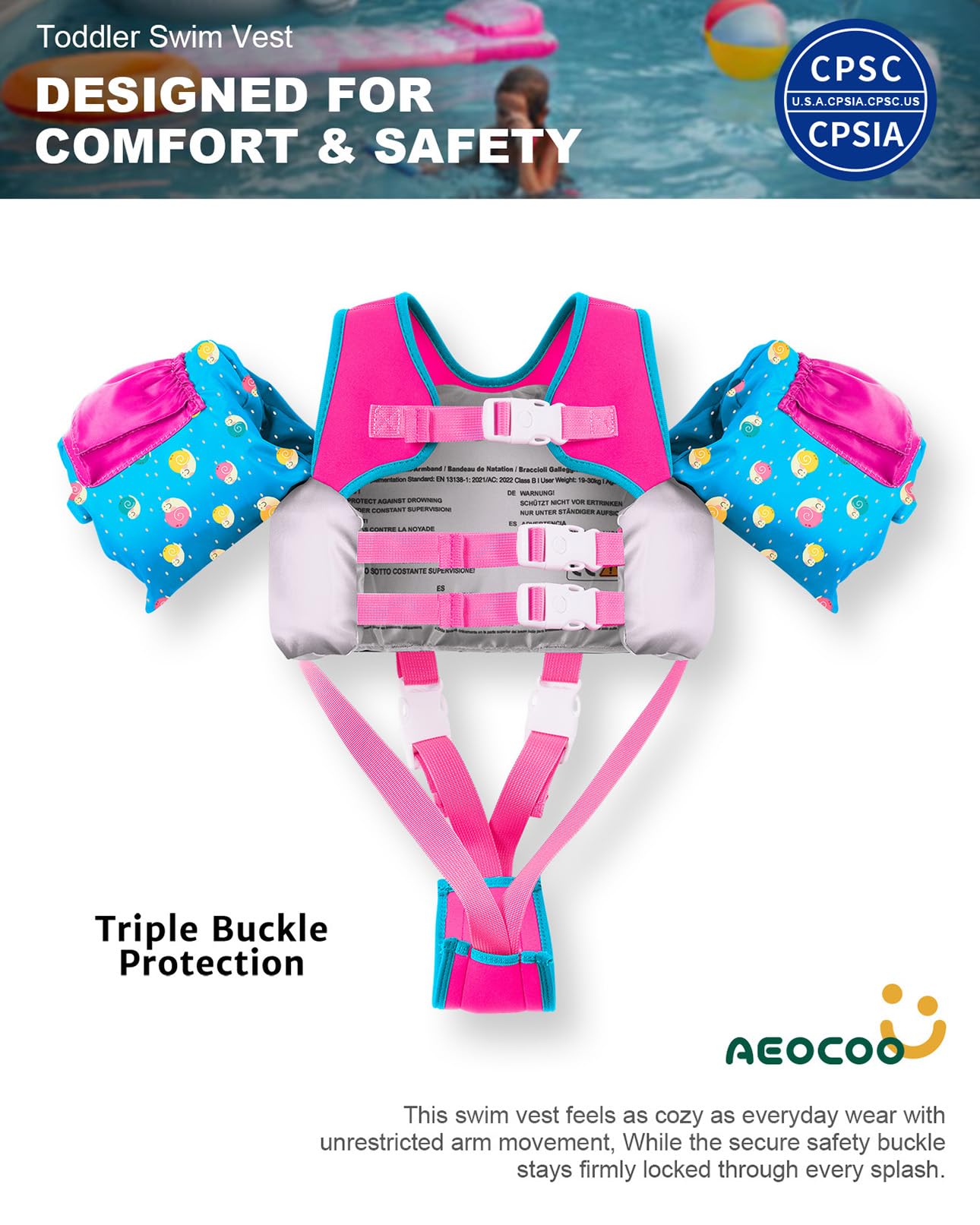 Toddler Swim Vest for 2-7Y, 20-50 lbs, Kids Floaties with Shoulder Harness & Adjustable Crotch Strap & Arm Water Wings for Boys and Girls, Snail