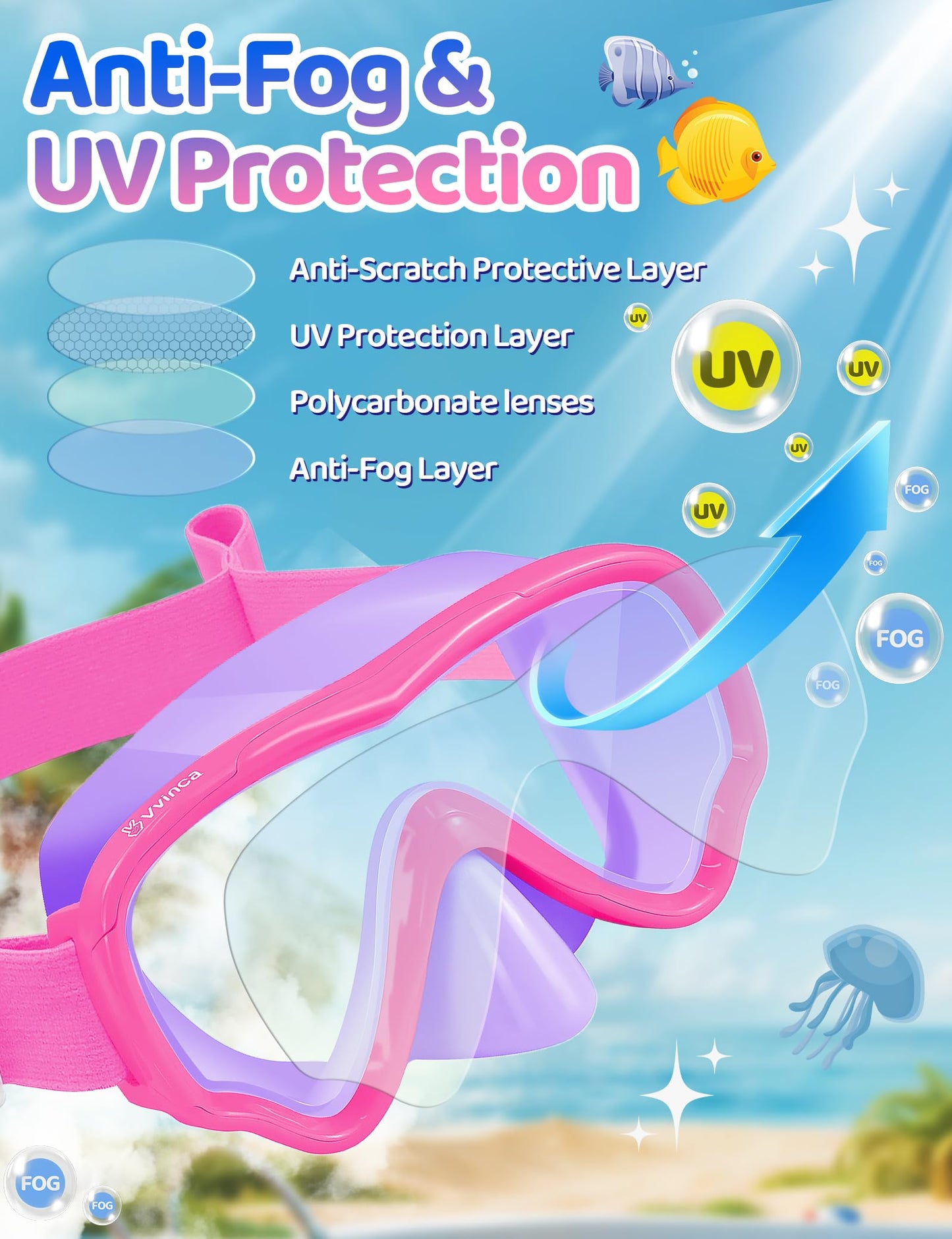 Vvinca Kids Swim Goggles with Nose Cover, Snorkel Diving Mask Fabric Strap Anti Fog Anti Shattered Lens Goggles for Kids 3-15