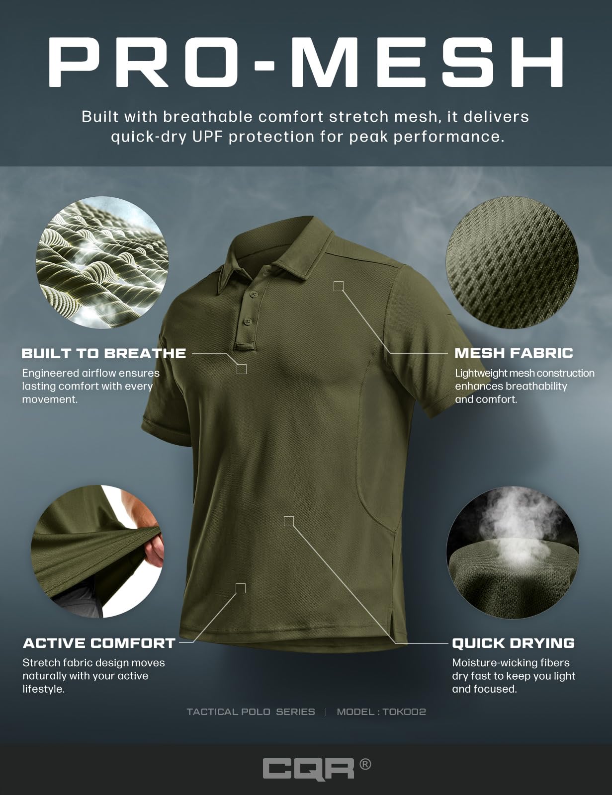 CQR Men's Quick Dry Tactical Polo Shirt, Lightweight Breathable Performance Polo, Short Sleeve UPF 50+ Outdoor Golf Shirt