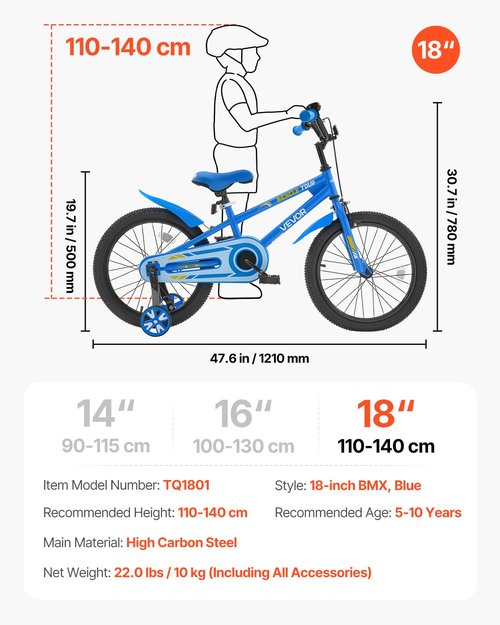 VEVOR Kids Bike, 18 Inches BMX Style Children Bicycle, Rider Height 3.61 ft - 4.59 ft, Training Wheels Included, Sturdy and Easy to Assemble, Toddler Bike for Boys & Girls Learning to Ride, Blue