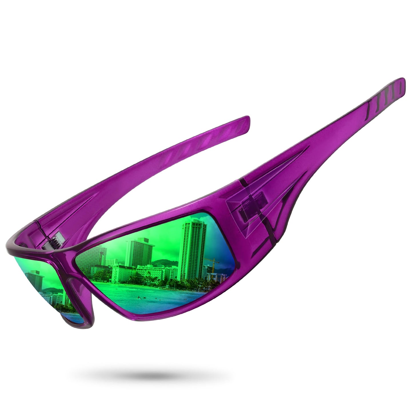 Ofwin Polarized Sports Sunglasses for Men Women Unbreakable Frame Cycling Fishing Wrap Around Sunglasses UV400 Protection 1-Clear Purple/Green Mirror Lens