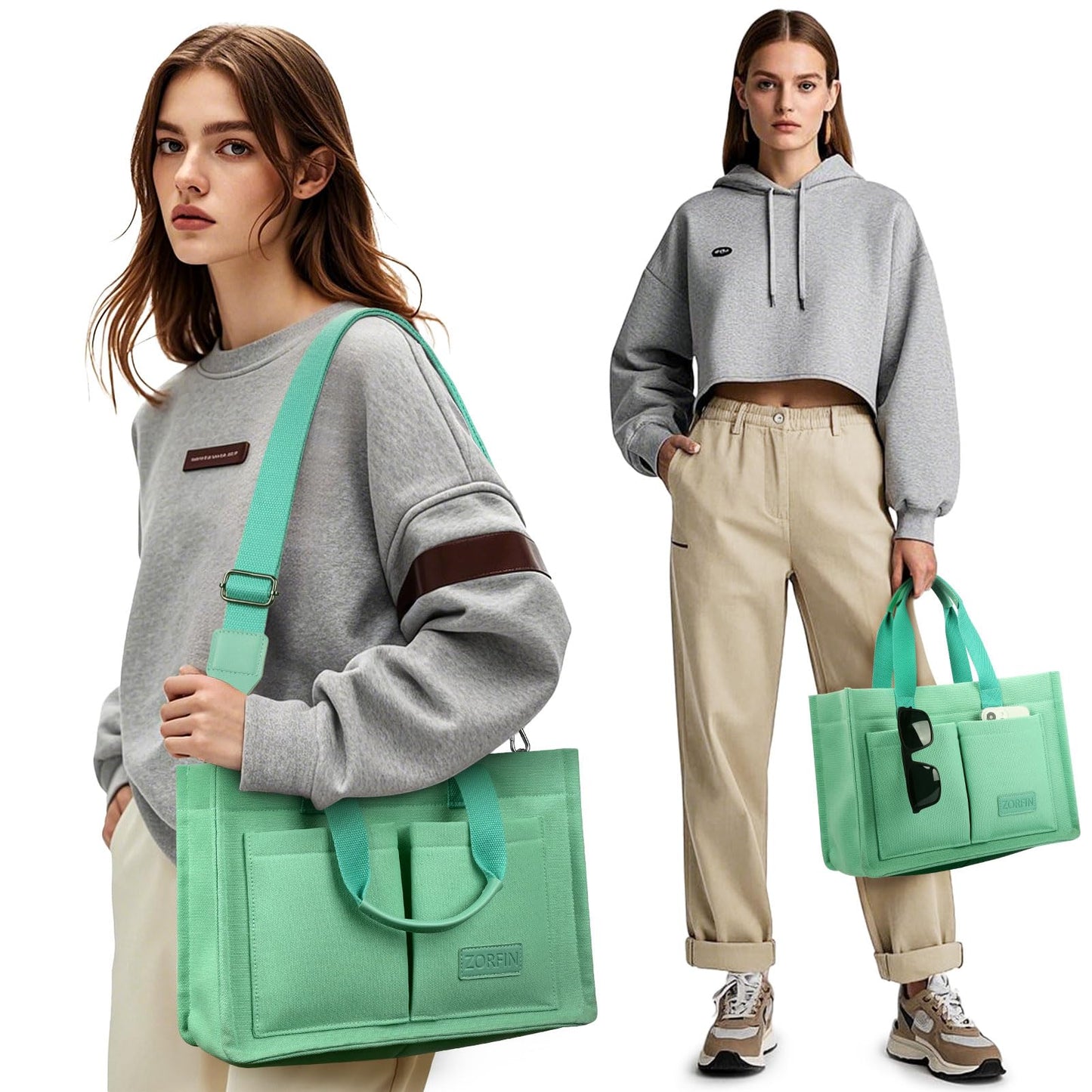 ZORFIN Canvas Tote Bag for Women with Zipper and Compartments Crossbody Work Laptop Bag for Travel College Office, Yellow Green