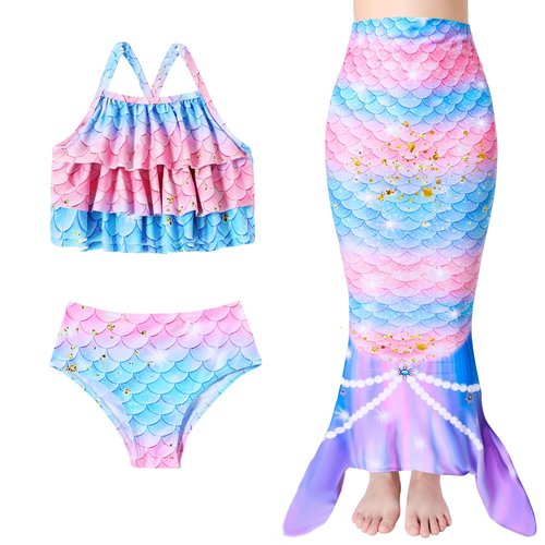 Mermaid Swimming Sets Kids Bathing Suits Girls 3PCS Ruffle Top Bikini Bottoms Fish Tail Beach Pool Swimwear Girls Swimsuits Size 6 7 Colorful