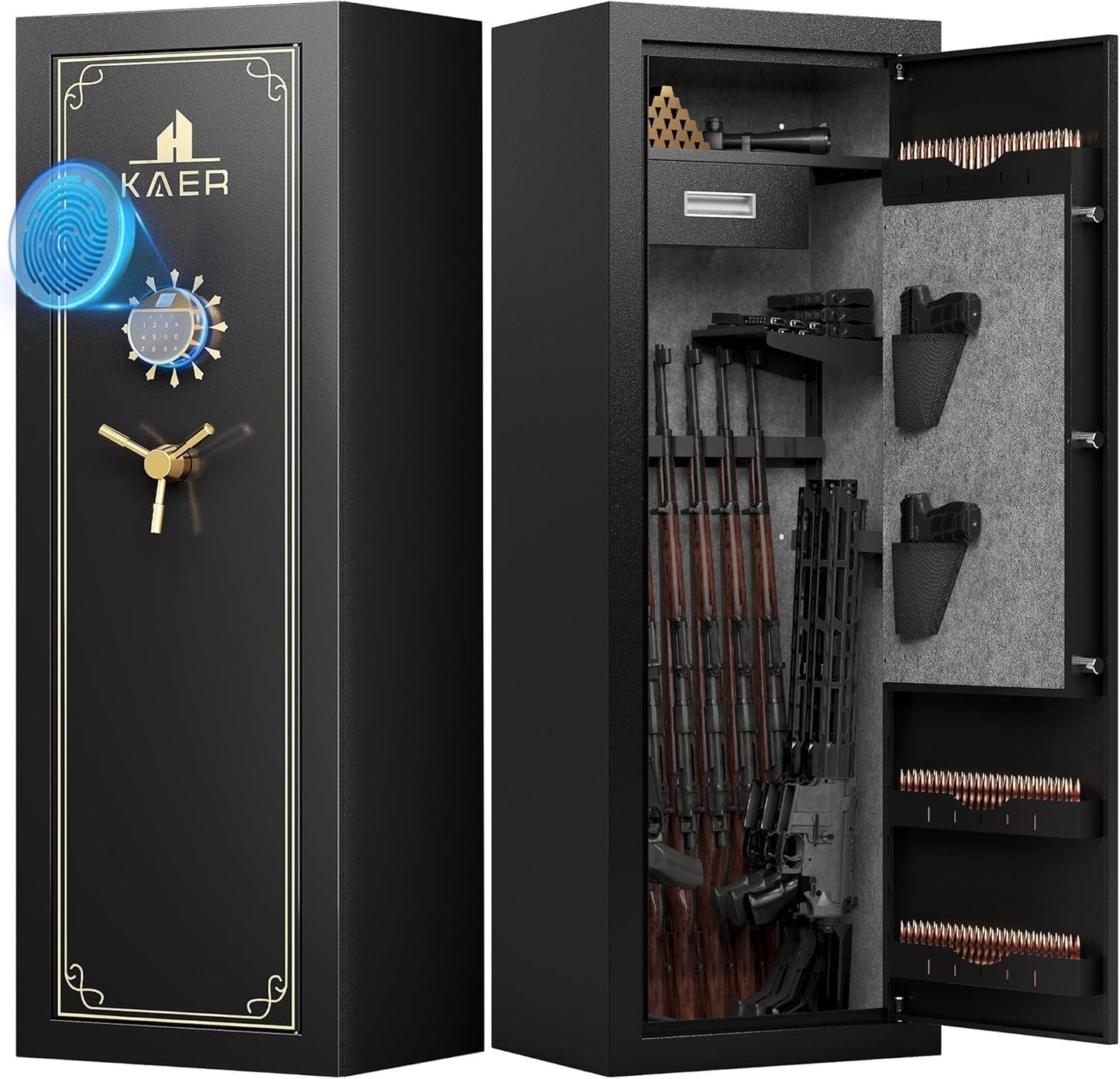 KAER 15 Biometric Gun Safe for Rifles and Pistols,Gun Cabinet with Fingerprint/Keypad/Key Access,Rifle Safe with Removable Shelf and Pistol Pocket.[No Assembly Required]
