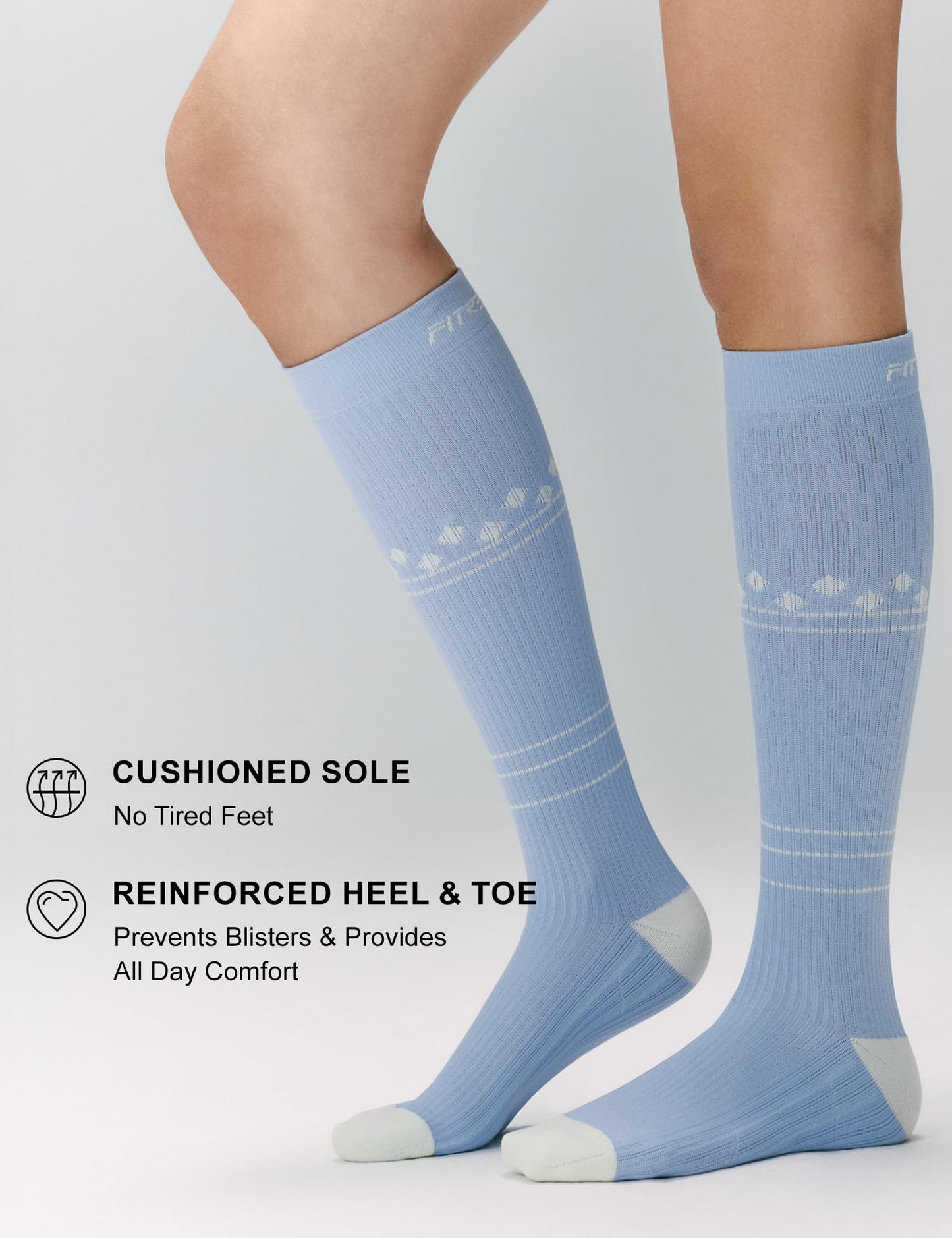 FITRELL 3 Pairs Compression Socks for Women and Men 20-30mmHg Support Socks for Travel, Running, Nurse, Knee High, Diamond Clear Days, Light Blue+White, S/M