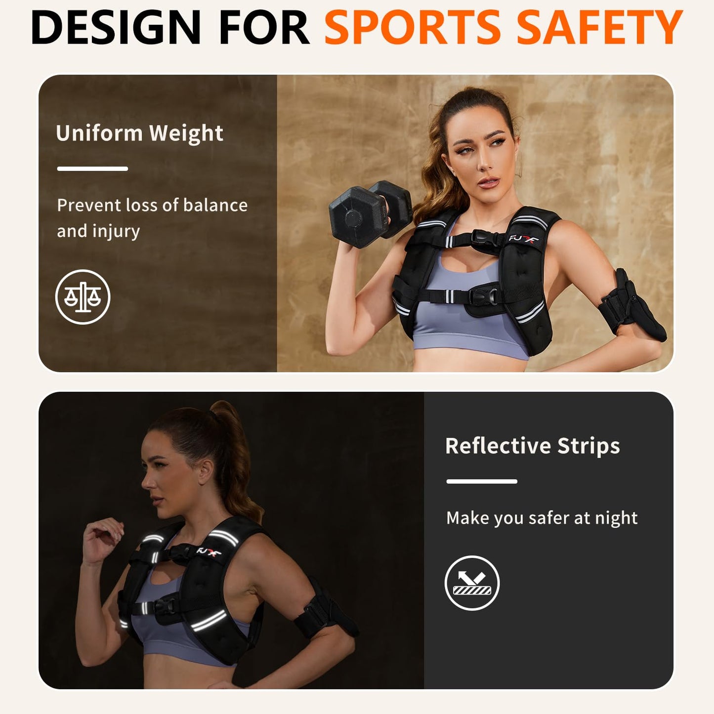 FUFF Weighted Vest Woman, 10 LB Womens Weight Vest for Walking, Strength Training Weight Vests for Female Men, Reflective Stripe Fitness Body Vest for Workout Running Jogging (Black)