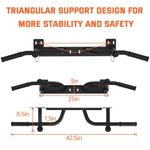 HWOOUSA Wall Mounted Pull Up Bar - Heavy Duty Chin Up Bar, Pull-Up Bar for Garage, Joist, Wall Mount - Multifunctional Fitness Bar, Supports up to 600 Lbs