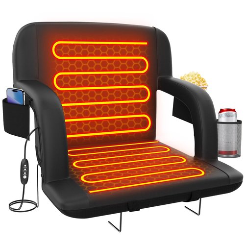 Suteck Dual-Side Heated Stadium Seat with Back Support, 21" Wide Cushion, Foldable Bleacher Chair W/USB 3-Level Heating, 5 Storage Pockets – Portable Stadium Chair for Outdoor Bleachers Camping Games