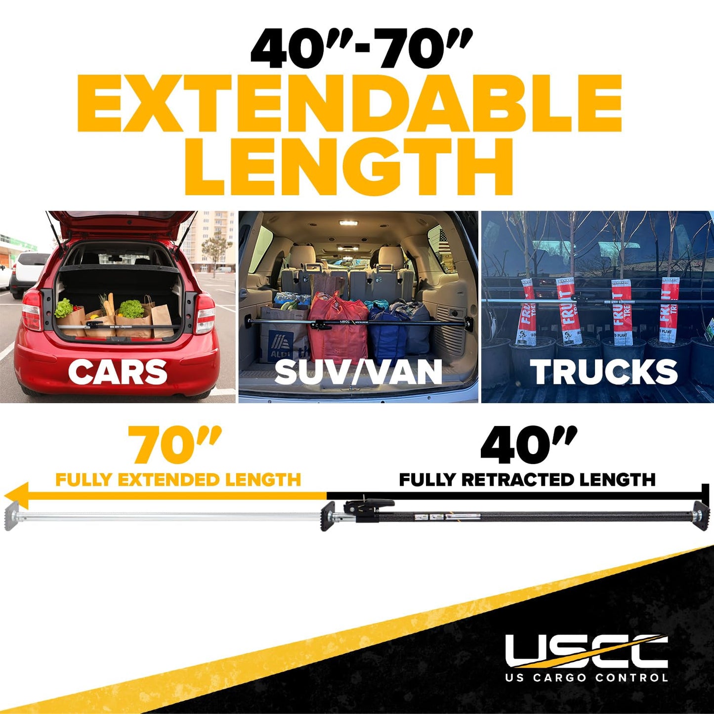 US Cargo Control Ratcheting Cargo Bar for Pickup Truck Bed, 40" to 70" Adjustable Load Locks for Pickup Trucks, SUV, Minivan, and Small Trailers, Truck Bed Divider with Rubber Non-Slip Pads