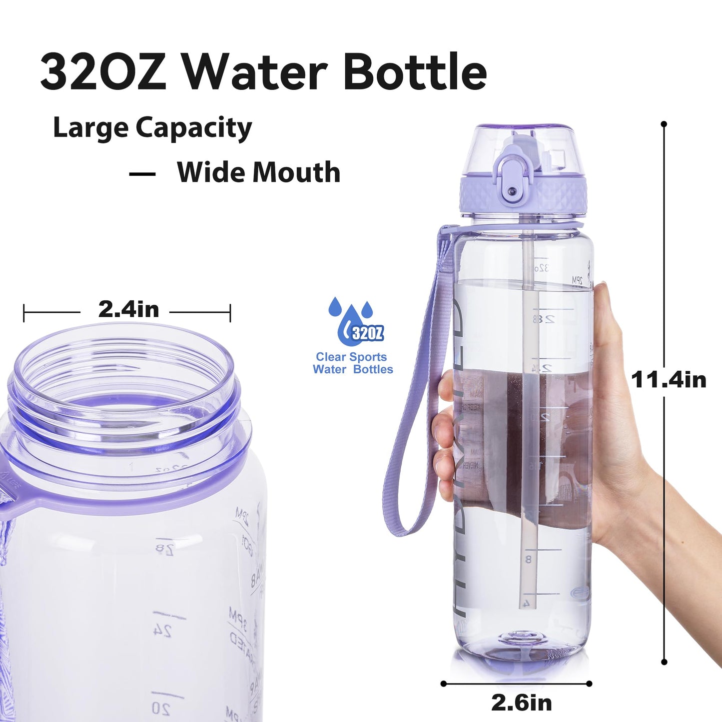 GOPPUS Clear Water Bottle With Straw 32oz Clear Sports Water Bottles Motivational with Time Marker Tritan BPA Free Clea Plastic Water Bottle Wide Mouth for Gym Travel Home School Office