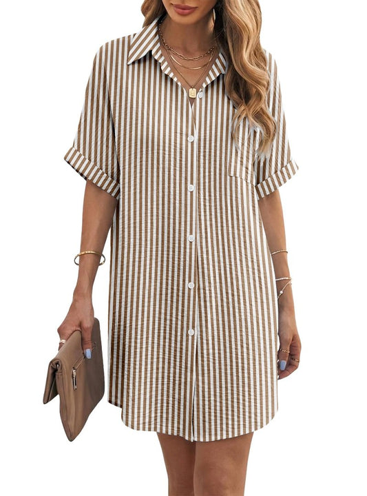 Angerella Women Beach Dress Cover Ups Button Down Shirt Swimsuit Coverup Striped Bikini Bathing Suit Cover Up Brown M