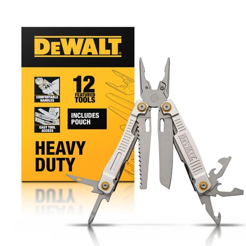 DEWALT 12-in-1 Multi-Tool with Pliers, Knife, Saw, Screwdrivers, Bottle & Can Opener – Stainless Steel Folding Pocket Tool with Sheath & Belt Clip for Construction, Trades & Jobsite Use
