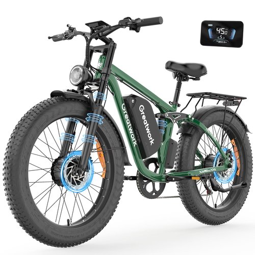Dual Motor Electric Bike for Adults, 52V 5000W Peak Motor, 45MPH, 1300Wh Battery, Up to 100 Miles Range, 26" x 4.0 Fat Tire Ebike with 7-Speed, Suspension, Turn Signals and Dual Disc Brakes