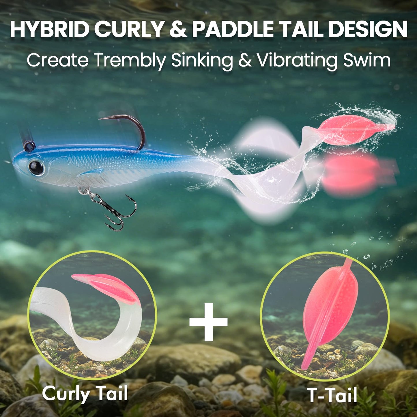TRUSCEND Duramax Easy Catch TPE Soft Fishing Lures with BKK Hooks, Trembly Sinking and Vibrating Swim for More Bites, Pre-rigged Tear-Resistant Swimbaits for Bass, Trout, Crappie, Freshwater Saltwater