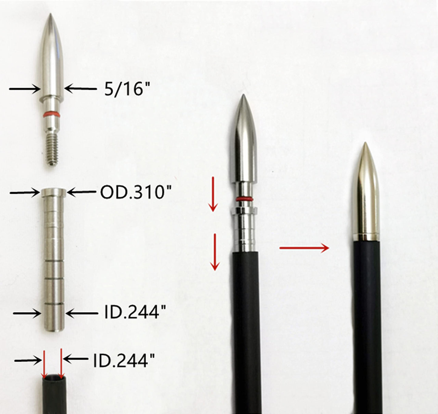 ZOEKO Stainless-Steel Arrow Inserts Suitable for ID .204" .244" Carbon Arrows, Suitable for 5/16" Field Points, Cuttable from 35-200 Grain (A Dozen)