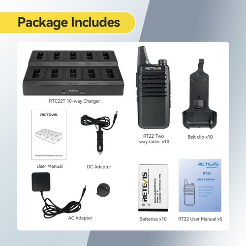 Retevis RT22 Two Way Radio,Rechargeable Walkie Talkies Long Range(10 Pack) with 10 Way Gang Charger,Charging Progress Bar,Workplace Organization,Compact Walkie Talkie for Adults Office School Daycare