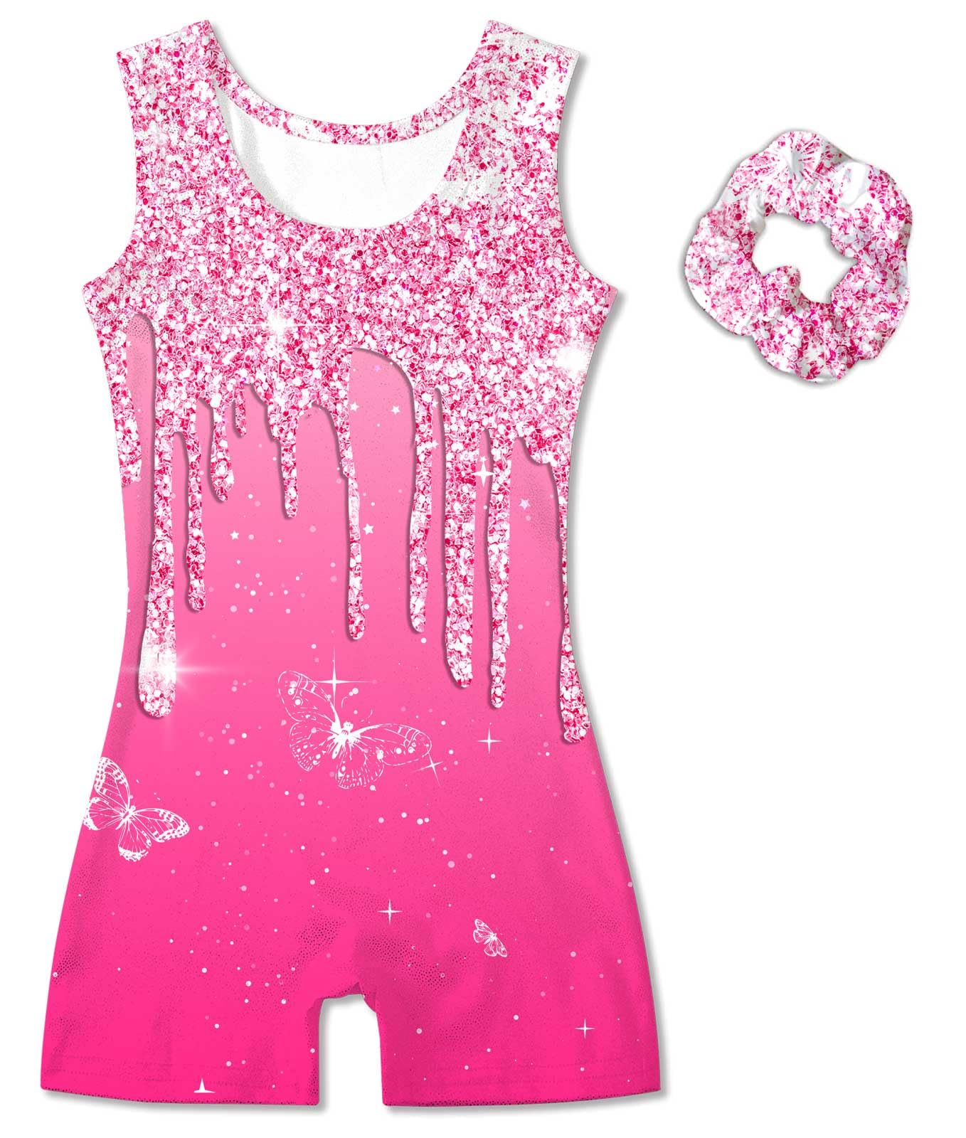 Vogseek Sparkly Gymnastics Leotards for Girls 5 6 Years Cute Hot Pink Shiny Ballet Dance Unitards Biketards with Hair Scrunchie Kids Tumbling Shorts Activewear Clothes, Sparkle Rose Red