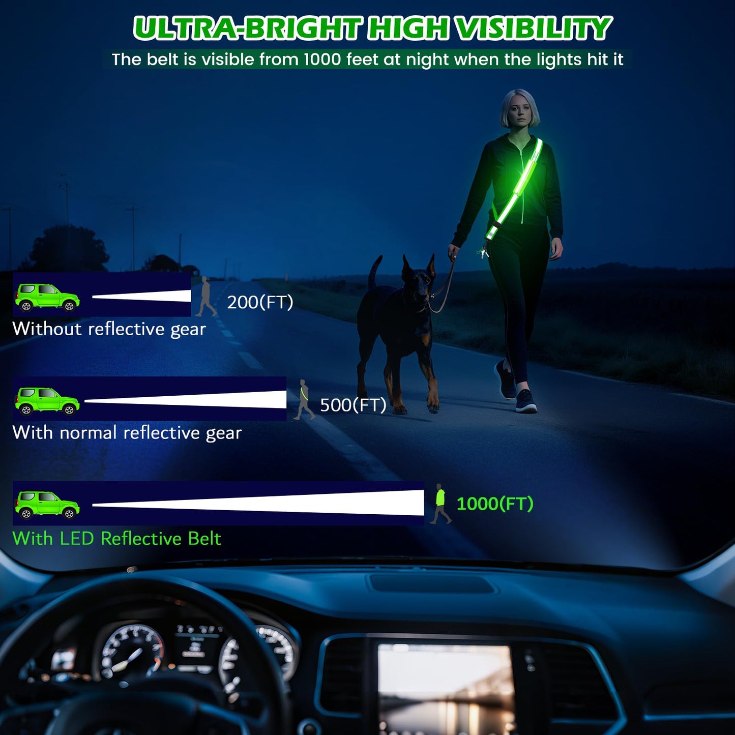 Samlior LED Reflective Belt Sash, Rechargeable LED Light Night Safety Walking Gear, High Visibility Adjustable Reflective Gear for Runners Walkers Cyclists at Night (Green)