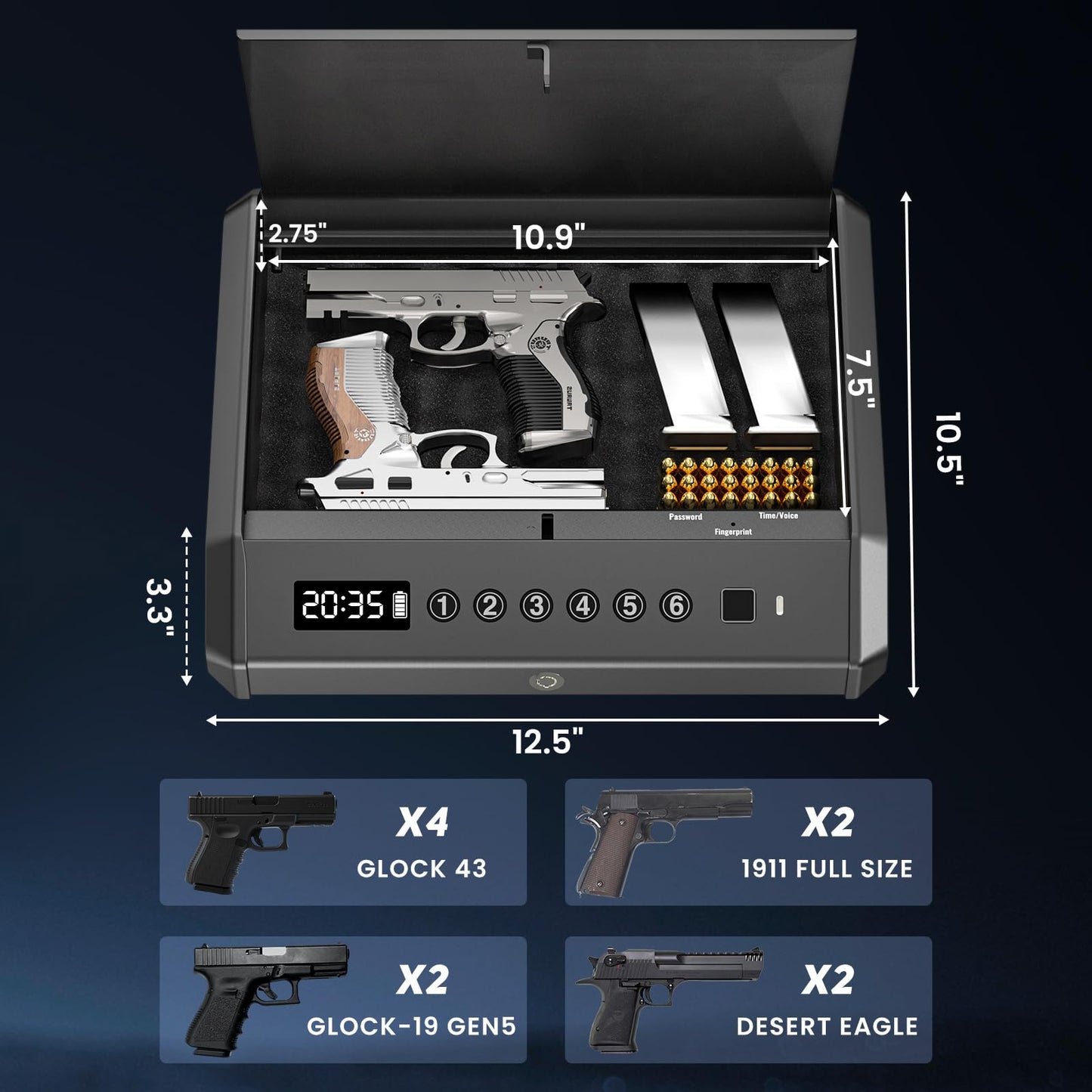 Biometric Gun Safe for Pistols Handgun Safe with Fingerprint Digital PIN Key Gun Lock Box Storage for Home Bedroom Bedside Nightstand and Car, 5-Ways unlock with Emergency Power Supply