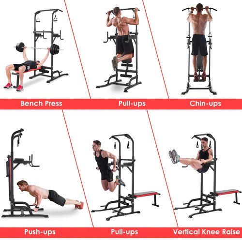 Arlopu Power Tower with Bench, Pull Up Bar Stand, Dip Bar w/Folding Bench 4 Ropes Strength Training, Multi-Function Fitness Equipment for Home Gym, Adjustable Heights and Angles Dip Station, 400LBS