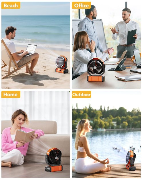 CAMPERFECT Camping Fan Rechargeable, 20000mAh Battery Powered Portable Fan with LED Light & Hanging Hook, 4 Speeds Quiet Outdoor Fans for Tent, Travel, Emergency, BBQ, and Home Use (Orange)