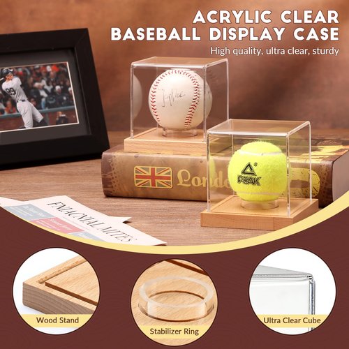 JupDec Baseball Display Case, Clear Cube Baseball Holder with Wooden Base, Autograph Baseball Stand Box for Single Ball, Pine Wood, 1 Pack