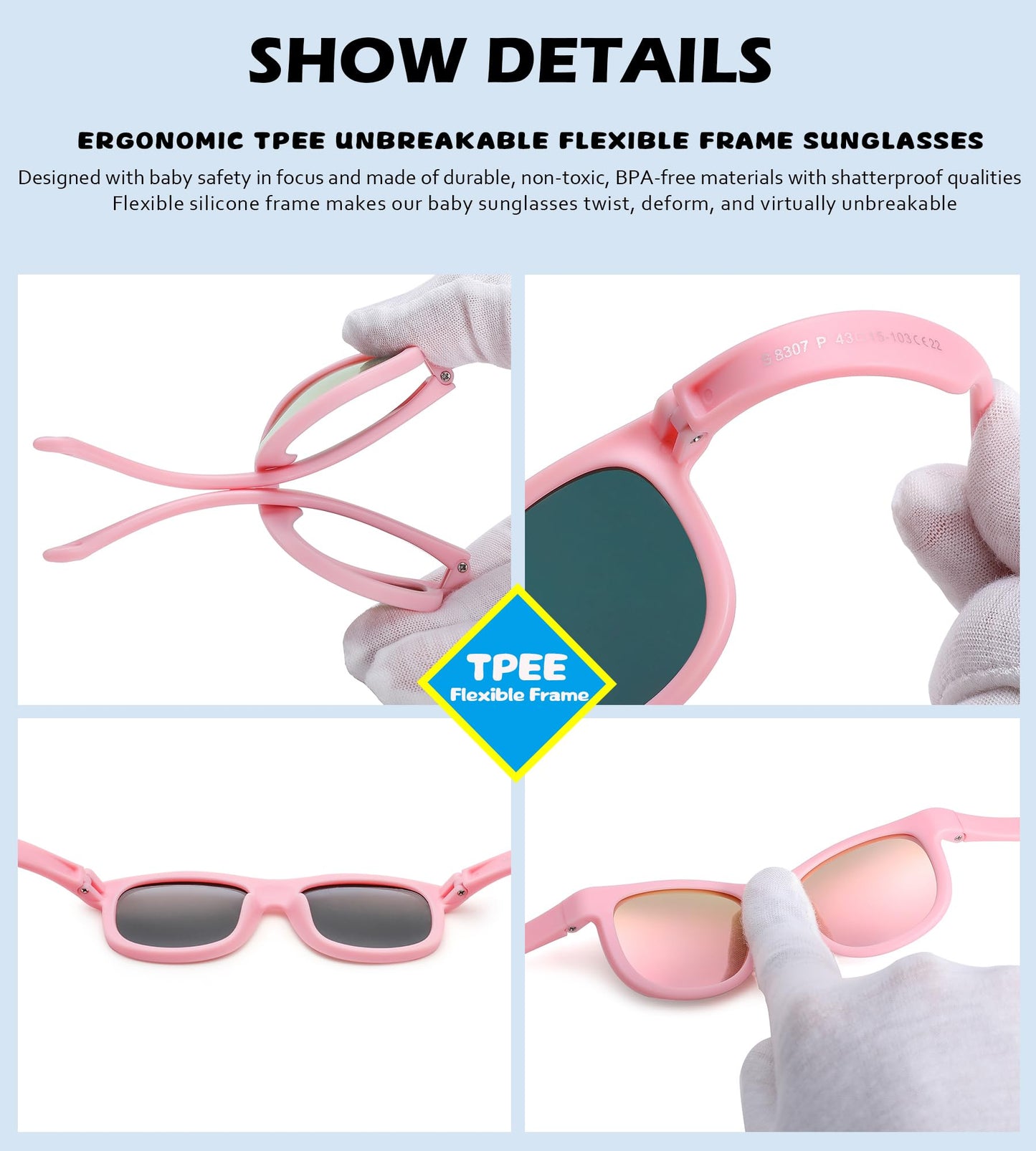 NULOOQ Flexible Polarized Baby Sunglasses with Adjustable Strap for Toddler Newborn Infant Age 0-24 Months (Pink/Pink Mirrored + Pink Green/Blue Mirrored) - 2 Pack