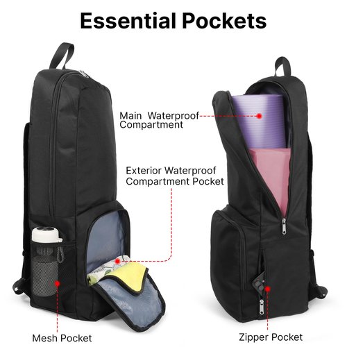 Tangoner Yoga Mat Bag Carrier Zipper Closure Multi Functional Essential Pockets Exercise Yoga Mat Holder Backpack (Black)
