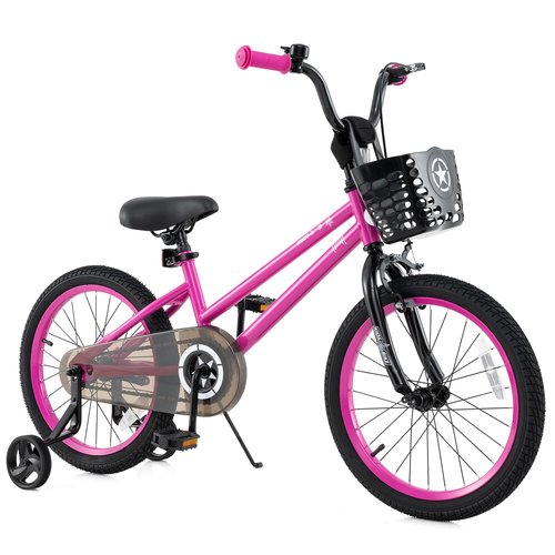 BABY JOY Starry Kids Bike, 12 14 16 18 Inch Bicycle with Training Wheels, Storage Basket, Adjustable Handlebar & Seat, Handbrake & Coaster Brake, Girls Boys Bike (18 Inches, Kickstand, Pink)