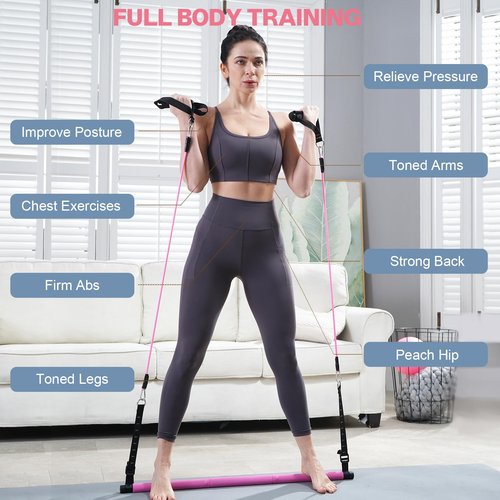kisnbld Pilates Bar Kit with Resistance Bands, Multifunctional Pilates Bar with 3 Set Exercise Resistance Bands, Portable Pilates Equipment for Women Home Gym Yoga Workouts