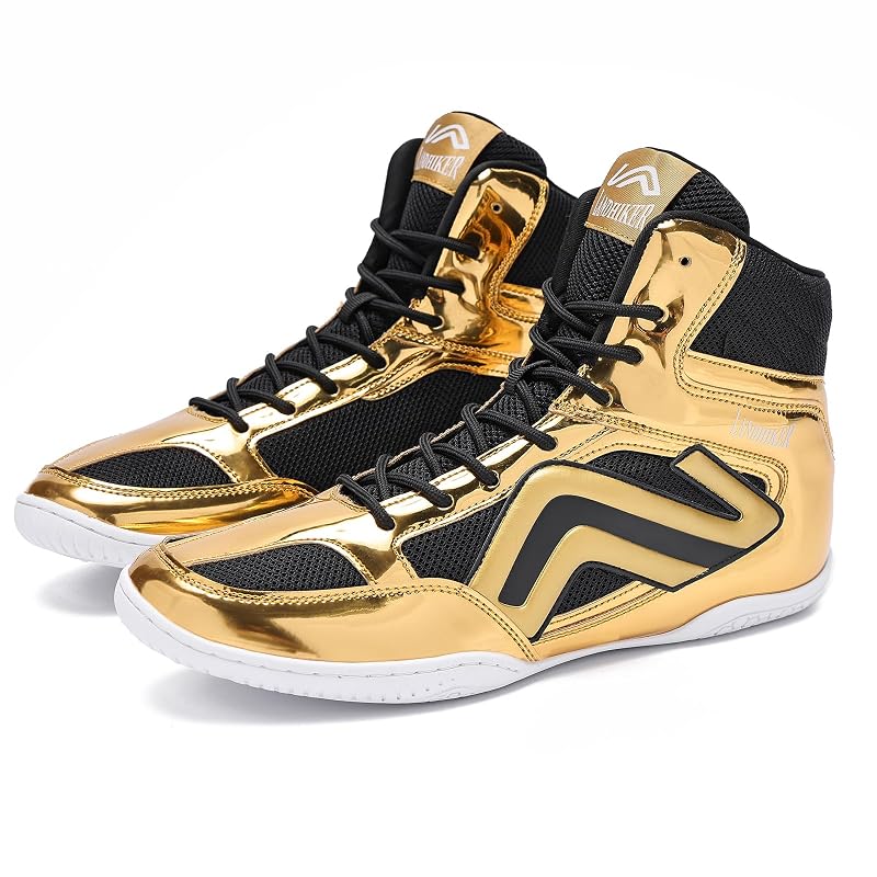 Wrestling/Boxing Shoes for Men - High Top Weightlifting Boots, Lightweight, Non-Slip - Gold 9.5