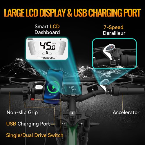 Dual Motor Electric Bike for Adults, 52V 5000W Peak Motor, 45MPH, 1300Wh Battery, Up to 100 Miles Range, 26" x 4.0 Fat Tire Ebike with 7-Speed, Suspension, Turn Signals and Dual Disc Brakes