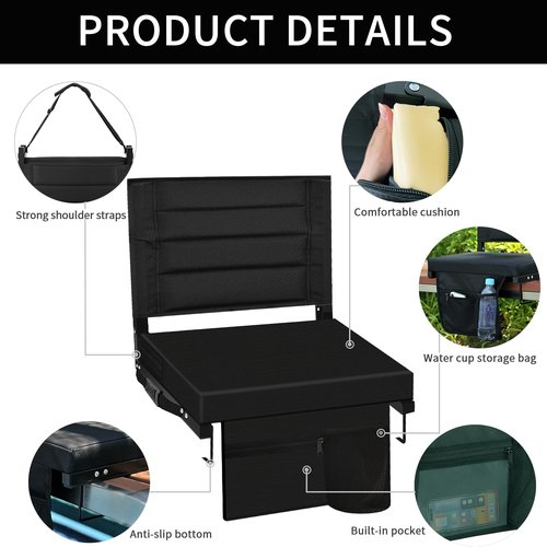 ZOTORUN Bleacher Chairs Stadium Seats Cushion with Back Support, Portable Folding Chair (1, Black)