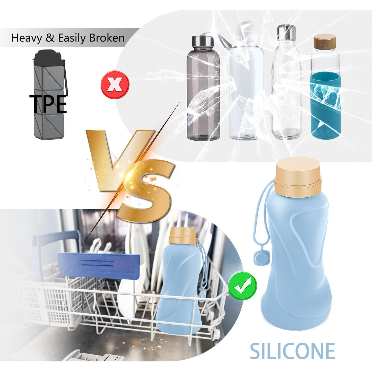 NAVTUE Collapsible Water Bottles,650ml,Leak Proof,Reuseable BPA Free Silicone Foldable Water Bottles,Durable Lightweight for Travel Gym Camping Hiking,Compact Size Portable Sports Water Bottle (Blue)