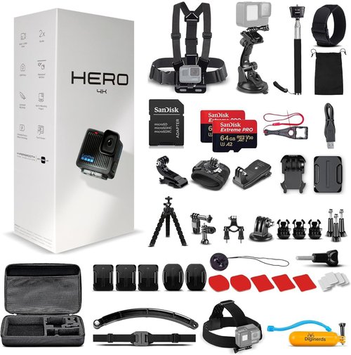 GoPro Hero (Go Pro Hero) Black Compact - Waterproof Action Camera with 4K Ultra HD Video, 12MP Photos + 50-in-1 Accessory Kit + 2 X 64GB Card + More