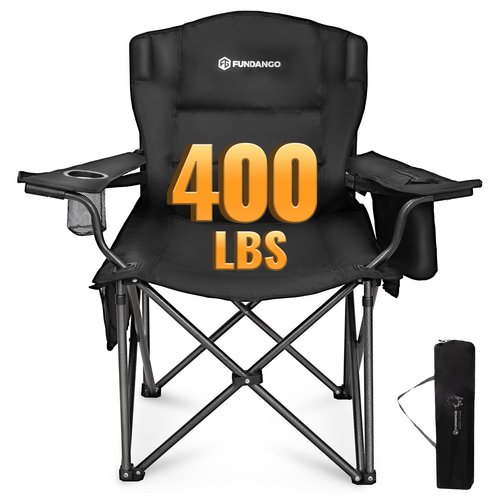 FUNDANGO Oversized Camping Chair for Adults, Heavy Duty Portable Foldable Lawn Chair with Padded Seat & Back, Lumbar Support, 4-can Cooler & Cup Holder, Carry Bag Included for Outdoor (Black)