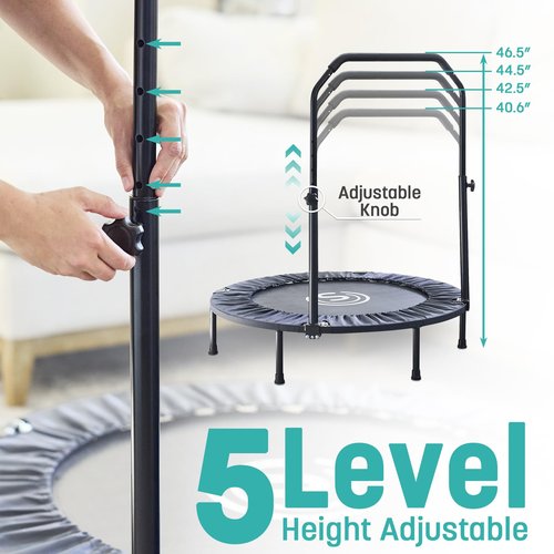 SKYWALKER TRAMPOLINES 40” Foldable Fitness Trampoline, Indoor and Outdoor Adult Fitness Rebounder, 6 Level Adjustable Foam Handrail, Max 330 lbs
