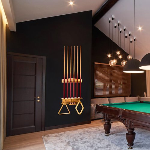 Pumtus Wall Mount Pool Stick Holder, Wood Billiard Cue Rack, Hold 6 Cues and 2 Triangle Racks, Sturdy Pool Cue Rack, Wall Billiard Stick Holder, Pool Table Accessories Organizer for Game Room, Bar