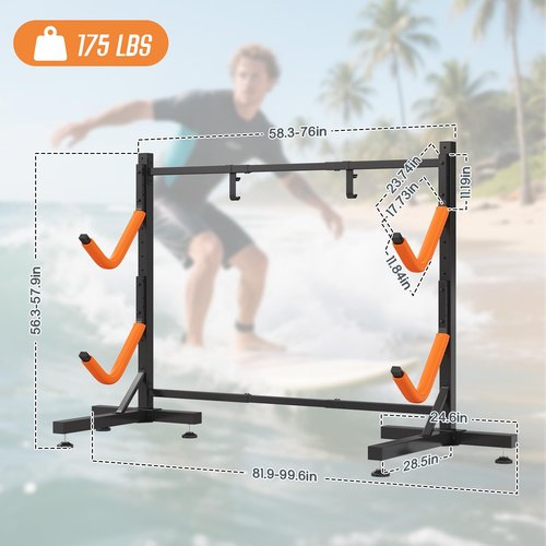 SPECRAFT Freestanding Kayak Storage Rack for 2 Kayaks, Adjustable Width Stand with Stable T-Base, EVA Tube Sleeves, for Indoor Outdoor Garage